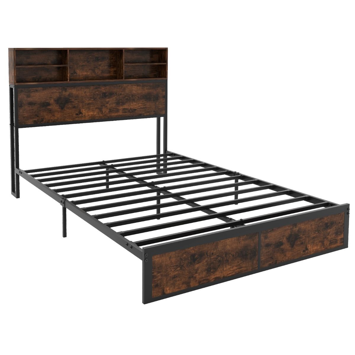 coast Cadre de lit double 200 x 140 cm - Cadre en métal avec chargeur - Rustic Brown - Avec tête de lit avec rangement