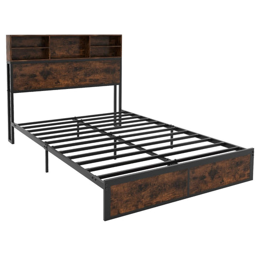 coast Cadre de lit double 200 x 140 cm - Cadre en métal avec chargeur - Rustic Brown - Avec tête de lit avec rangement