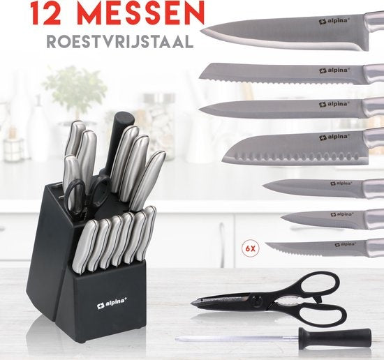 alpina Set de couteaux - Bloc de couteaux - 15 pièces - acier inoxydable - Noir/Argent