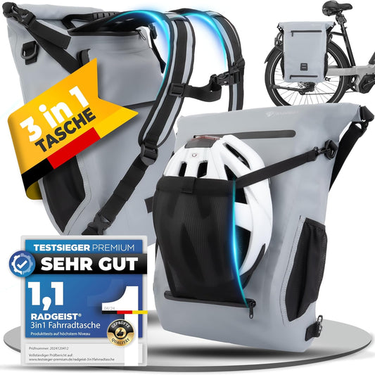 RADGEIST 3in1 bike bag for carrier I sac à vélo, sac à dos et sac à bandoulière 18-22L I sac à vélo 100% étanche gris