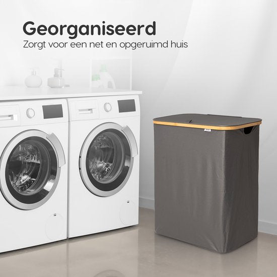 Panier à linge Dymac, 145 Litres, 3 compartiments, Trieur de linge en bambou, Avec 3 sacs à linge amovibles, Gris