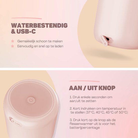 Vulpes Goods® BabyCare - Chauffe-biberon On the Go Pro - Chauffe-biberon portable - Chauffe-biberon intelligent - 4 niveaux de température - Sans fil - Rose