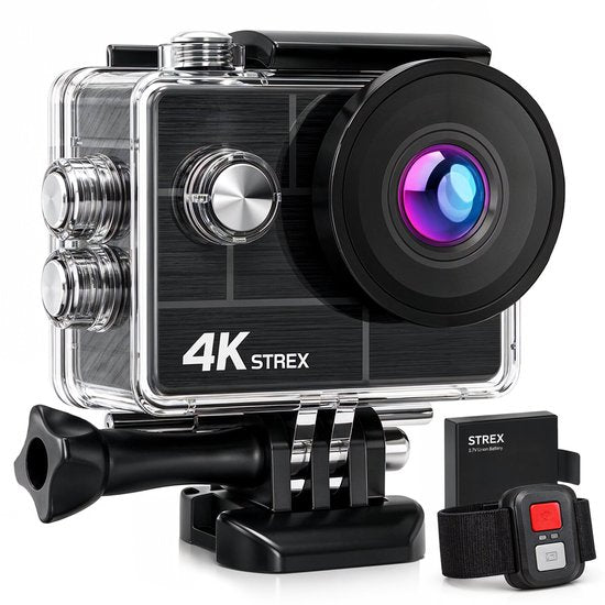 Caméra d'action Strex 4K 30 MP - Étanche jusqu'à 30 mètres, stabilisation EIS et application Wi-Fi - Caméra sous-marine étanche à 60 images par seconde - Caméra corporelle - Caméra d'action