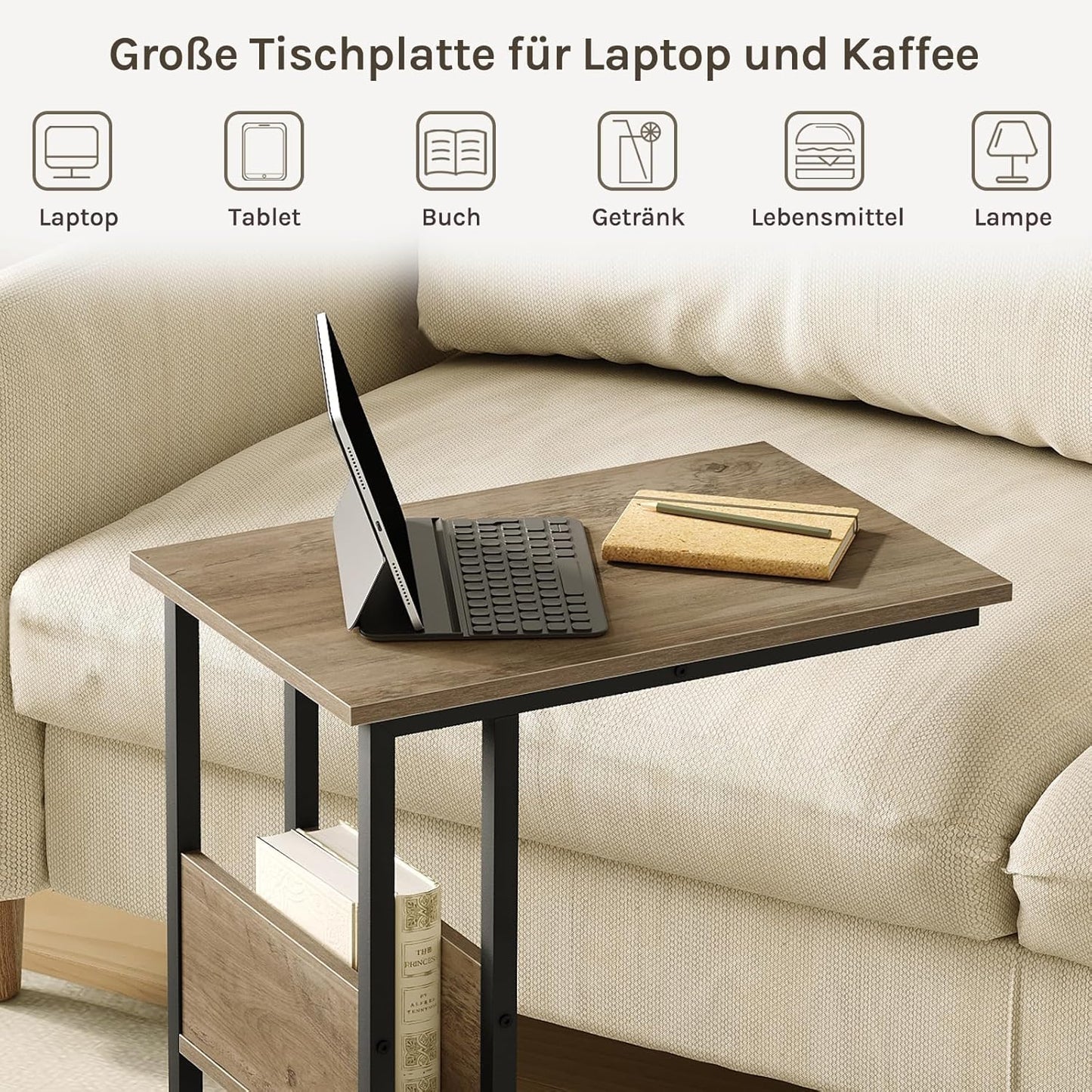 Table d'appoint Woltu en forme de C avec étagère de rangement - Aspect bois gris - Métal - 55 x 36 x 59,5 cm