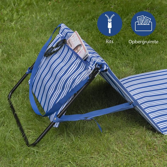 Chaise de plage et transat Campart BE-0421 - Transat et chaise pliables - Tapis de plage avec dossier réglable - Avec coussin de tête amovible - Bleu et blanc