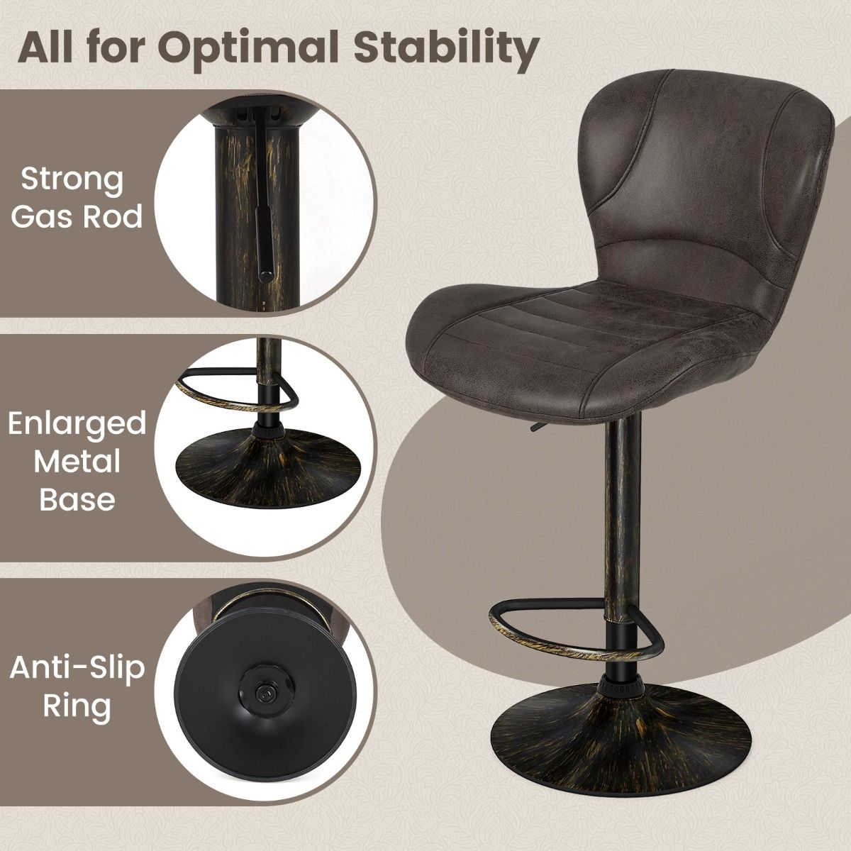 Ensemble de 2 tabourets de bar Coast - Réglables de 61 à 81 cm - Pivotants, avec dossier et repose-pieds - Marron