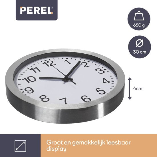 Horloge murale Perel, 30 cm, analogique, silencieuse, avec synchronisation automatique de l'heure via DCF, grand cadran facile à lire, cadre en aluminium argenté, idéale pour le salon, la cuisine, le bureau ou la salle d'attente
