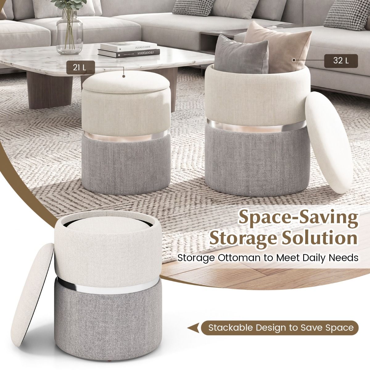 Ensemble de poufs de rangement Coast - lot de 2 poufs ronds - tissu en lin - anneau décoratif argenté - beige et gris