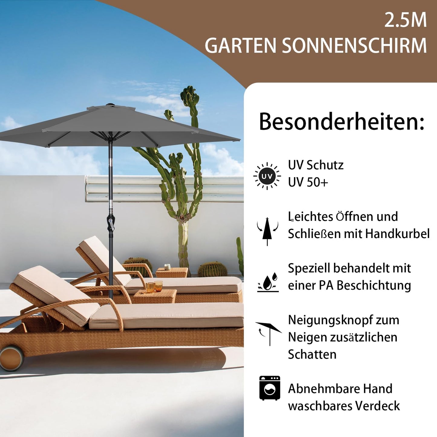 Parasol Angel Living 250 cm - parasol de jardin rond avec manivelle et fonction d'inclinaison - gris - polyester UV 50+