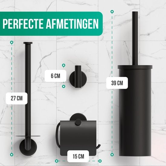 Avalo Toilet Accessories Set Black 4-Piece - Luxury Toilet Set - Brosse de toilette avec support / Porte-rouleau de toilette / Porte-rouleau de rechange / Crochet pour serviettes - Matériel de fixation inclus