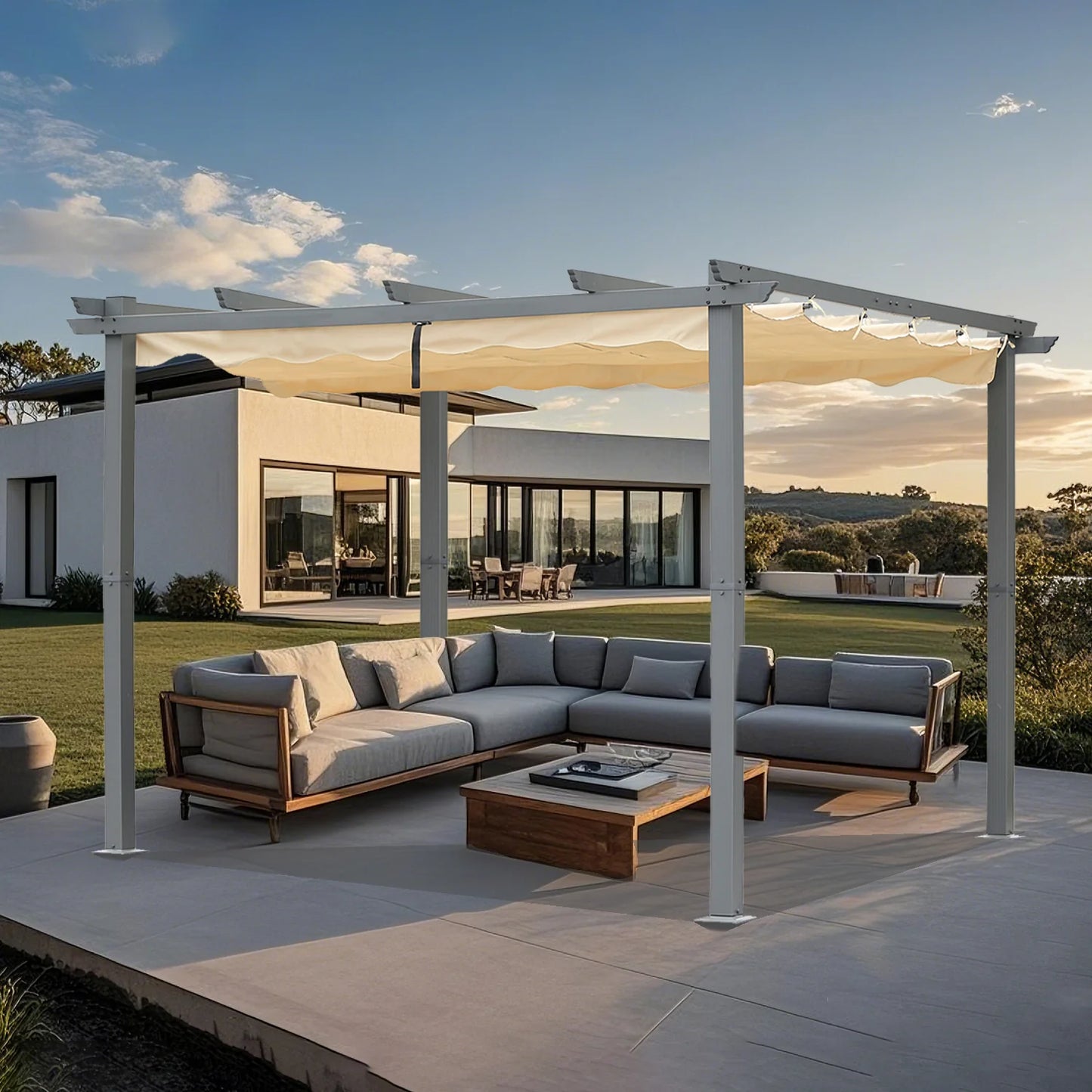 Pergola Angel Living en aluminium 3 × 4 m, beige – Toit en polyester réglable, tubes de toit en acier, revêtement par poudrage