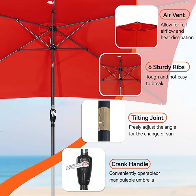 Angel Living Parasol de jardin - 2 x 3 m - Aluminium - Inclinable - Rouge