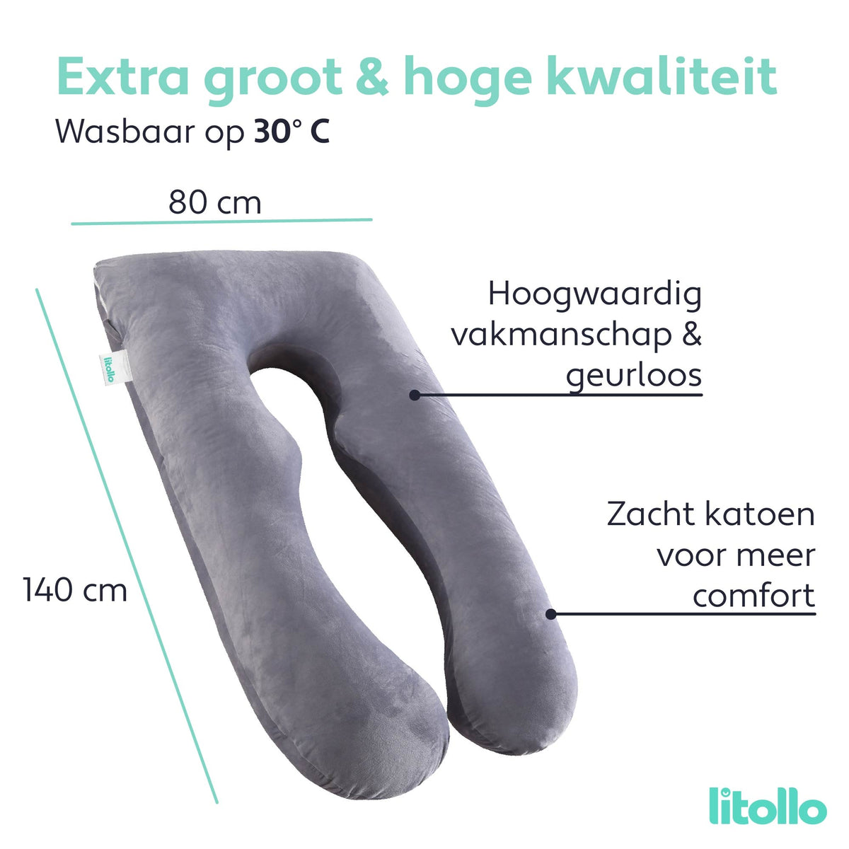 Litollo® Zwangerschapskussen XXL - Voedingskussen - Lichaamskussen - Body pillow - 280cm - Zachte fleece stof - Grijs - Met gratis extra afneembare hoes (t.w.v. €29,95)