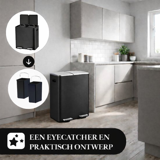 Bayt Poubelle - Poubelle 60 litres (2x30) - Poubelle 60 litres - Poubelle à pédale 60 litres - Poubelle Séparation des déchets - Poubelle 2 compartiments - Poubelle - inox - Noir/Argent