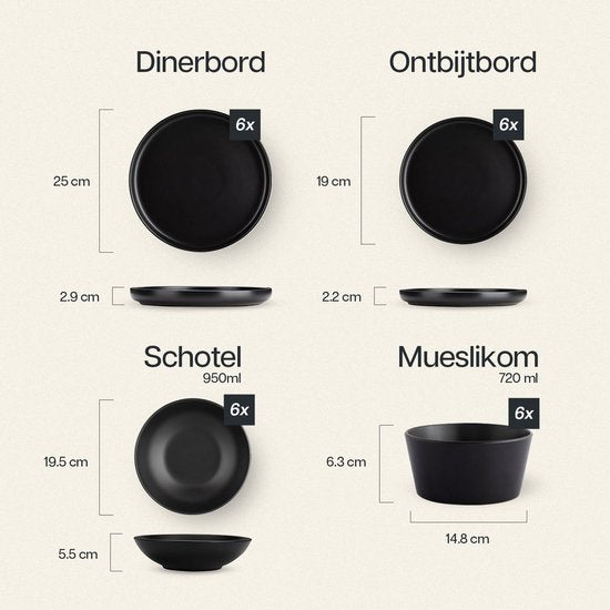 Deleca Service de table 6 personnes - Bols, Coupes / Assiettes - Faïence solide - Noir mat / 24 pièces