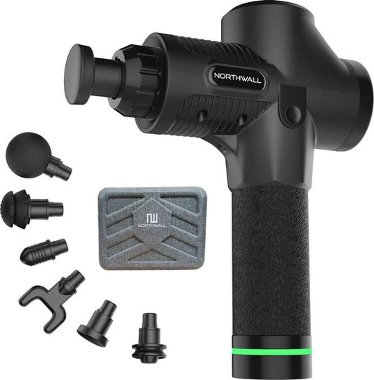 Pistolet de massage Northwall - avec étui et 6 accessoires - Appareil de massage sportif et de relaxation puissant et sans fil - noir