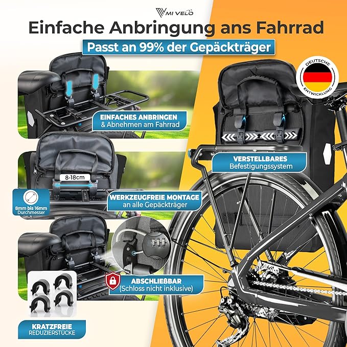 MIVELO Pannier Bag - 3-in-1 - Sac à dos - Sac de transport de bagages - Imperméable - Compartiment pour ordinateur portable - 20L
