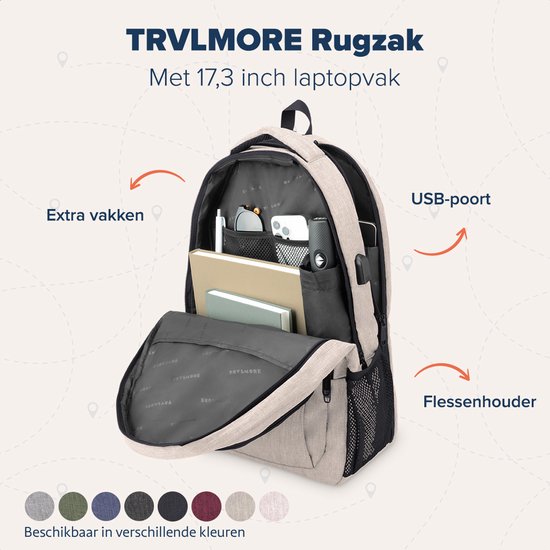 TRVLMORE Sac à dos - 36L - 17.3 Inch - Sac à dos pour ordinateur portable avec USB - Cartable - Homme et Femme - Sac Champagne