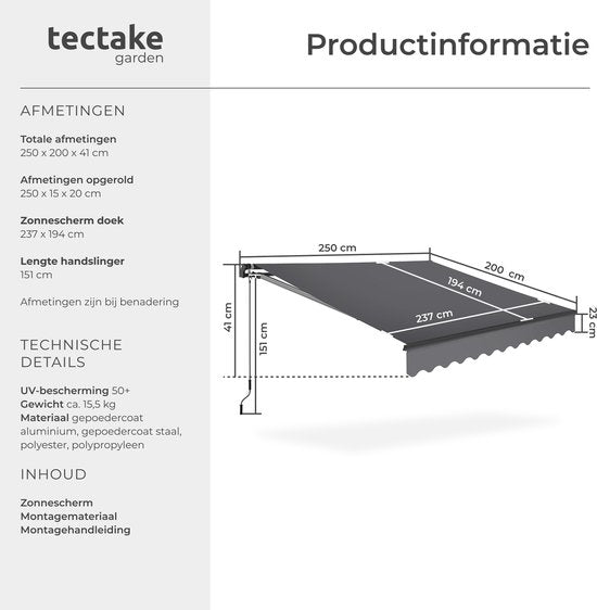 tectake® Sunshade with Articulated Arm - 250 x 200 cm - Store - Protection solaire pour fenêtre, balcon, extérieur - Fixation murale - Résistant à l'eau et aux UV - Gris foncé