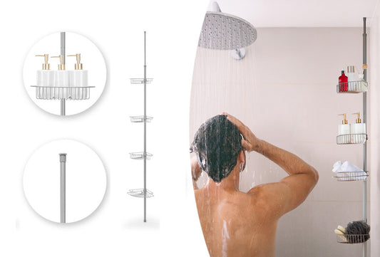 H&C Support de douche télescopique avec 4 paniers -21 x 21 x 152,5-268 cm - Gris