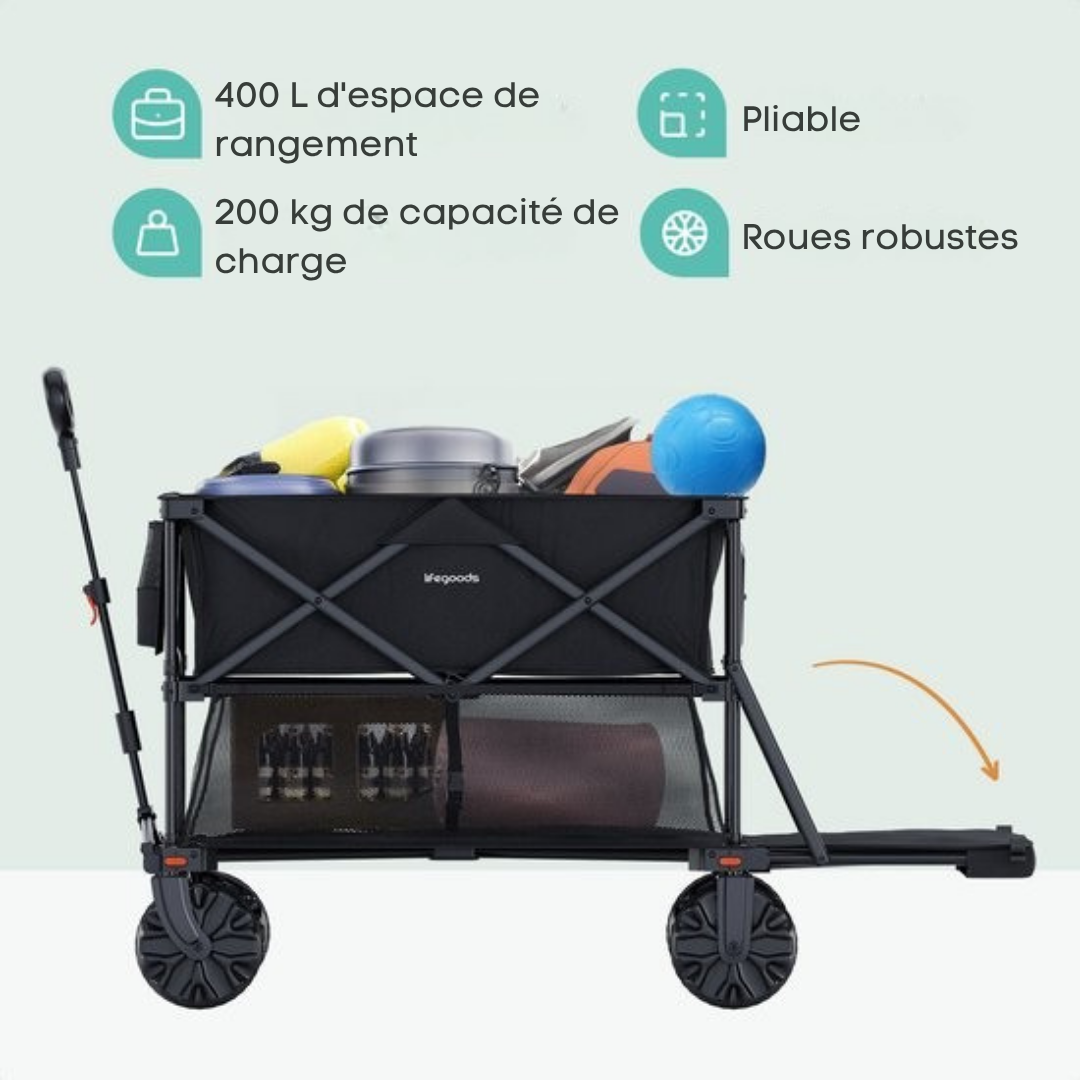 Double Wagon pliable LifeGoods - 200KG - 400L - Avec housse de protection - Noir