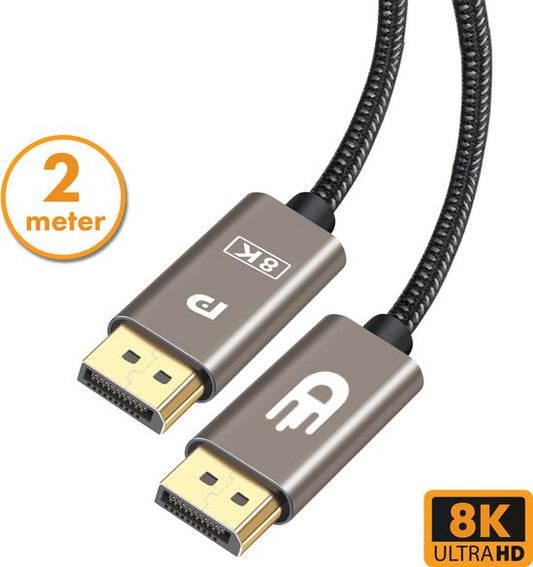 Drivv. Câble Displayport - 8K 60Hz - 4K 144 Hz - 32.4GBps - Displayport 1.4 - Câble DP - 2 mètres - Gris moderne