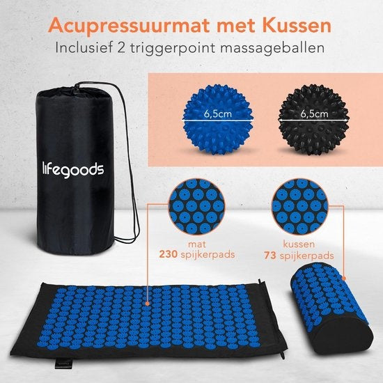 LifeGoods Tapis d'acupression avec coussin - Tapis Shakti - Tapis pour ongles avec 2 balles pour points de déclenchement - 66x40x2cm - Noir/Bleu