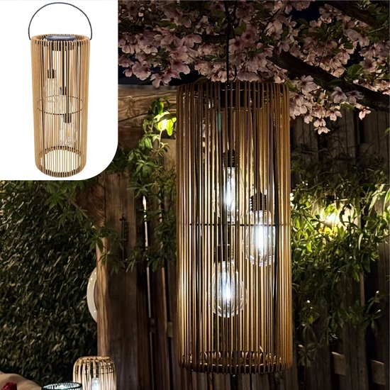 Éclairage de jardin Gadgy Solar à énergie solaire – Lanterne d'extérieur en rotin – Lampe suspendue ou lampe de table – Résistante aux éclaboussures – Éclairage d'ambiance pour le jardin, le balcon ou la terrasse – Marron – Ø 17 x 41 cm – Capteur jour/nui