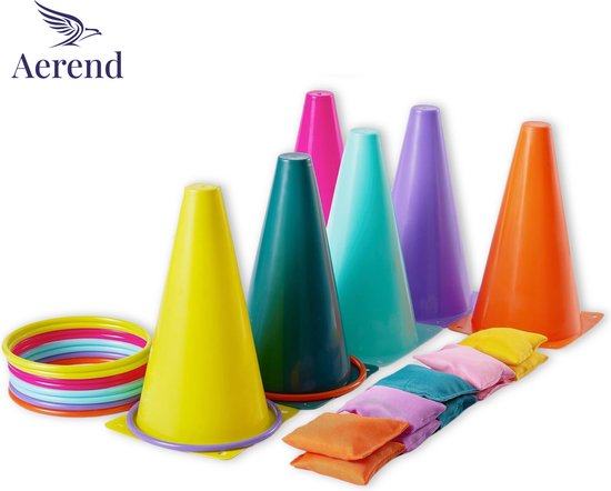 Aerend Jeu d'intérieur et d'extérieur 3-en-1 - Lancer d'anneaux, de quilles et de sacs de lancer - Jeu de jardin de 26 pièces pour les enfants**.