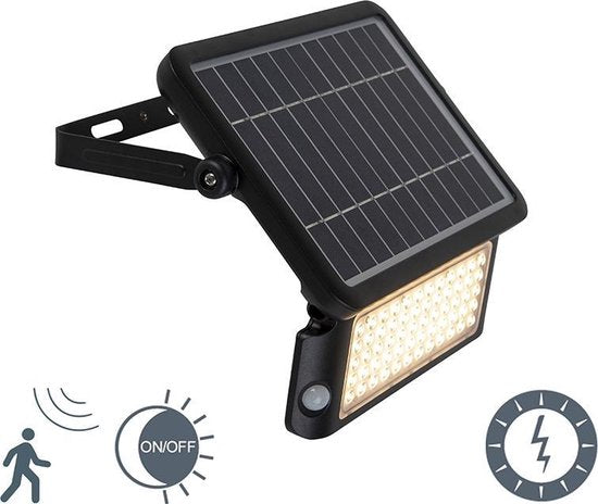 Projecteur LED solaire avec détecteur de mouvement - 3 modes - Sans fil - 1080 lumens - Noir
