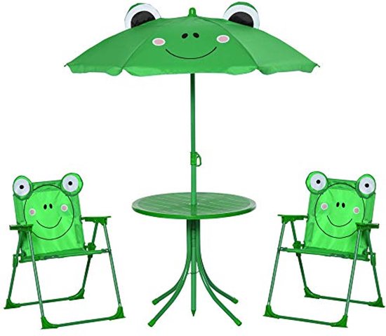 Salon de jardin pour enfants - 4 pièces grenouille avec table ronde et chaises pliantes