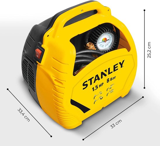 Compresseur à Air 8Bar – Stanley – sans huile avec outils pneumatiques – Kit de compresseur et tuyau d’air inclus - jaune