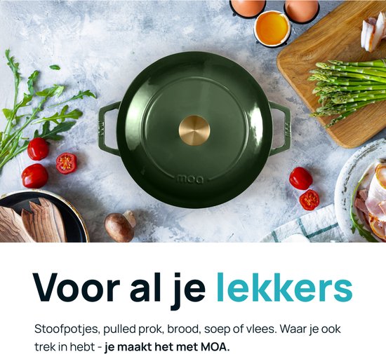 MOA Casserole en fonte - 7,2L - Pour toutes les sources de chaleur y compris l'induction - Avec couvercle - Ø 30cm - Revêtement antiadhésif - Sans BPA ni PFAS - Vert