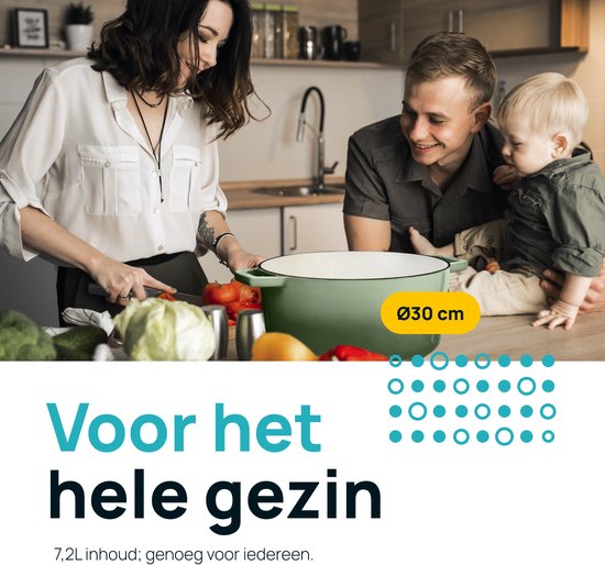 MOA Casserole en fonte - 7,2L - Pour toutes les sources de chaleur y compris l'induction - Avec couvercle - Ø 30cm - Revêtement antiadhésif - Sans BPA ni PFAS - Vert