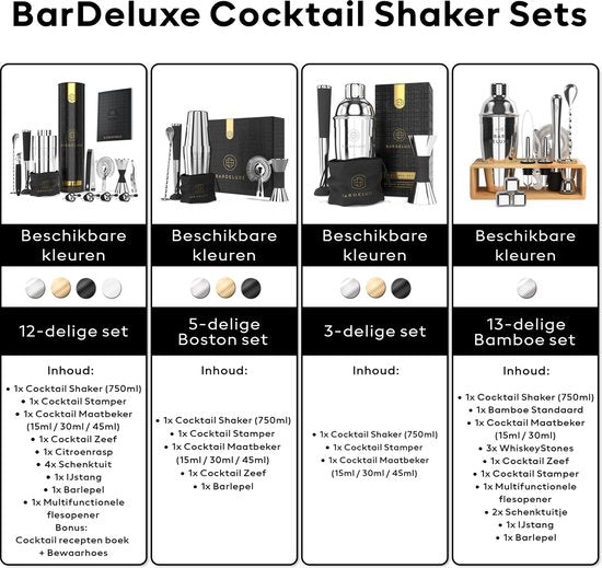 BarDeluxe® Cocktail Set - 12-Piece - Cocktail Shaker Set (750ml) - Luxury Gift Package - Including Dutch Recipe Book