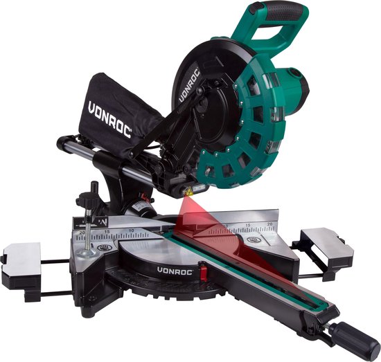 VONROC MS502AC Tronçonneuse - 2200W - 4500 tr/min - Rallonges de table réglables - Vert - 82x48x41 cm