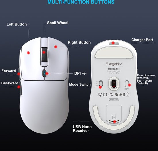 Fuegobird T68 - Souris de jeu sans fil 2.4G - 12000DPI - PAW3311 - FPS/MOBA/MMO - Souris de jeu - Ultra légère - Blanche