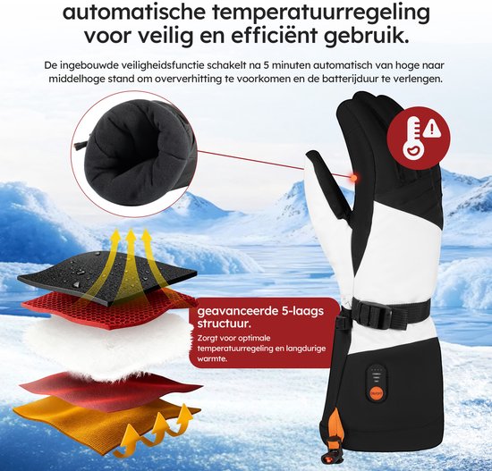 Gants chauffants Saaf blancs - 3 niveaux de chaleur - 68°C - 2 batteries de 2700mAh incluses - Taille S