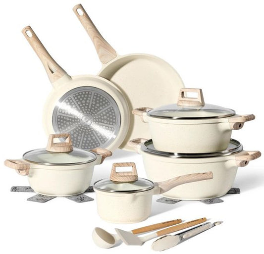 Batterie de cuisine Just Perfecto JL-28, 15 pièces - aspect granit beige - avec revêtement antiadhésif