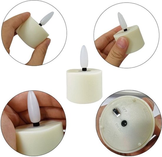 FlinQ Lampe à thé LED rechargeable - Flamme mobile - Télécommande incluse - Lot de 6 - Ø4 x 5,5 cm - Blanc