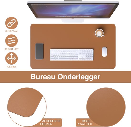 WURK Tapis de bureau professionnel en cuir synthétique - Organisateur de bureau - Tapis de bureau - Accessoires de bureau - Tapis de souris XXL- Inclut un clip de câble - 120x60 - Cognac Brown