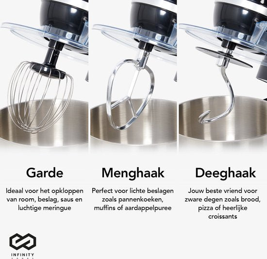 Infinity Goods Robot de cuisine - Mélangeur de cuisine - Bol de mélange en acier inoxydable de 5L - Robot de cuisine - Robot ménager - Accessoires inclus - 1000W - Noir