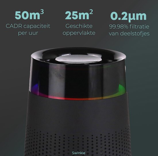 Swinkle EKLR1553 Purificateur d'air Aurora - Eclairage LED - Filtre HEPA - 36 dB - 16.5x16.5x20.4 cm