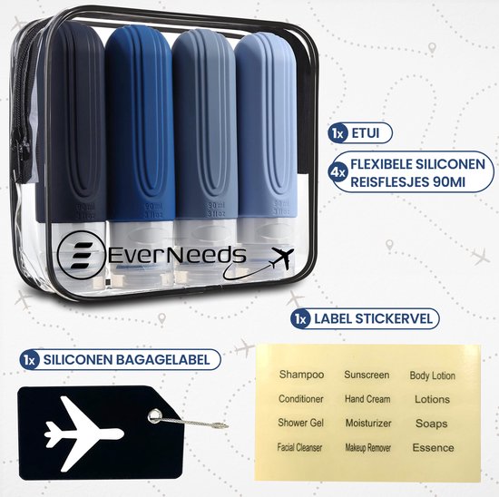 EverNeeds Bouteilles de voyage avec étui - rechargeables - Bouteilles de voyage en silicone pour bagages à main - bleu - 4 pièces