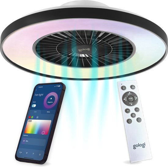 Gologi Ventilateur de plafond avec éclairage - Ø60 cm - LED RGBW - 6 niveaux - Lampe de plafond de chambre - Lampe de plafond avec ventilateur - Avec télécommande et application - Noir