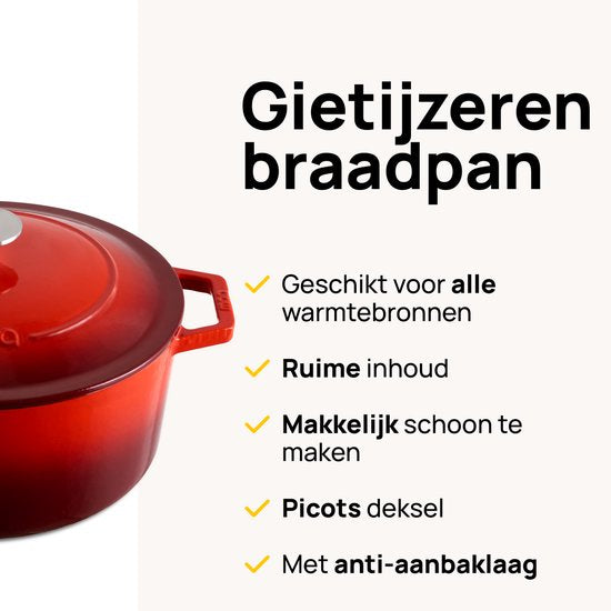 MOA Casserole en fonte - 5,7L - Pour toutes les sources de chaleur, y compris l'induction - Avec couvercle - Ø 26cm - Revêtement antiadhésif - Sans PFAS - Rouge