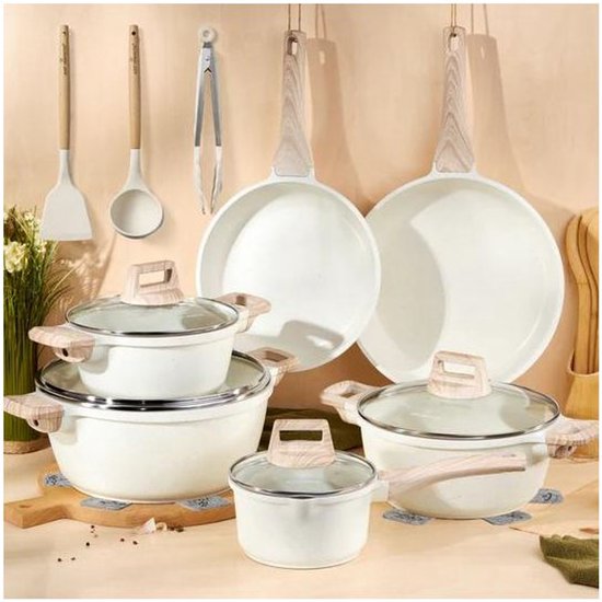 Batterie de cuisine Just Perfecto JL-28, 15 pièces - aspect granit beige - avec revêtement antiadhésif