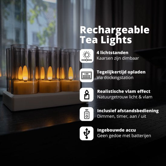 FlinQ Lampe à thé LED rechargeable - Flamme mobile - Télécommande incluse - Lot de 6 - Ø4 x 5,5 cm - Blanc