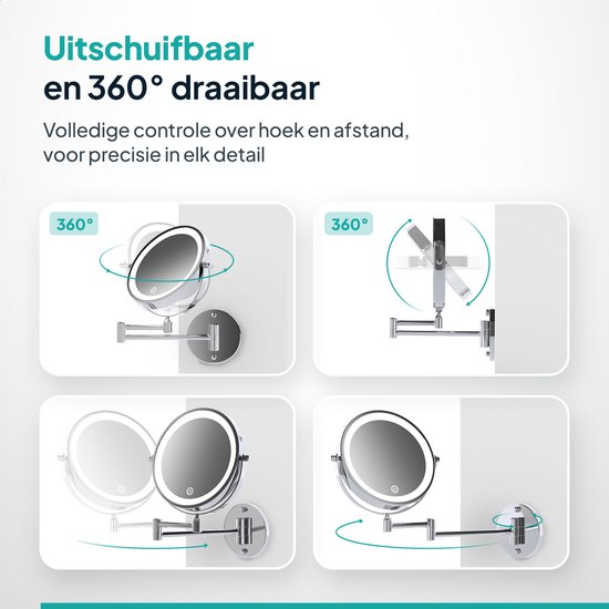 Mirlux Miroir de maquillage avec éclairage LED - Rechargeable - grossissement 5x - Miroir grossissant avec lumière - Miroir de rasage - Miroir de salle de bain - Chrome