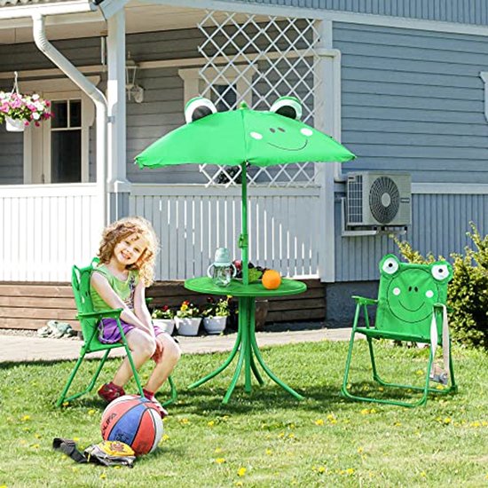 Salon de jardin pour enfants - 4 pièces grenouille avec table ronde et chaises pliantes
